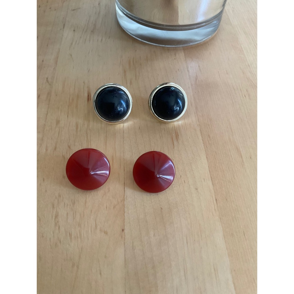 Vintage Stud Earring Set Red Conical Resin and Black Gold Tone Cabochon Posts